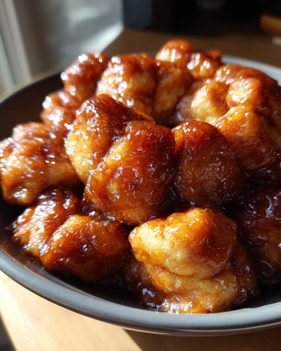 Nahaufnahme von saftigem, karamellisiertem Crockpot Monkey Bread in einer Sch&uuml;ssel, das im Sonnenlicht gl&auml;nzt.