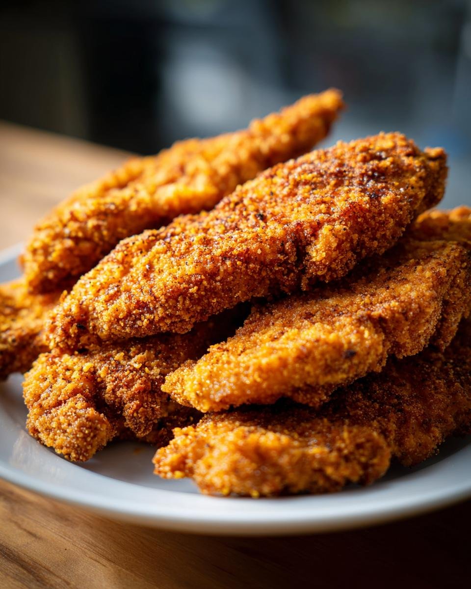 Nahaufnahme von mehreren goldbraunen, knusprigen Crispy Tenders auf einem wei&szlig;en Teller.