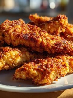 Nahaufnahme von goldbraunen, knusprigen Crispy Tenders, die auf einem weißen Teller gestapelt sind.