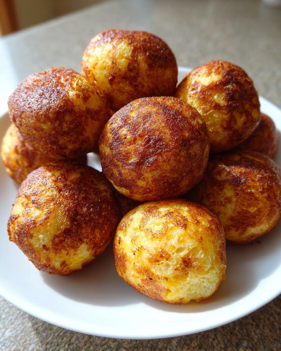 Ein Stapel goldbraun gebackener Pancake Sausage Balls auf einem wei&szlig;en Teller.