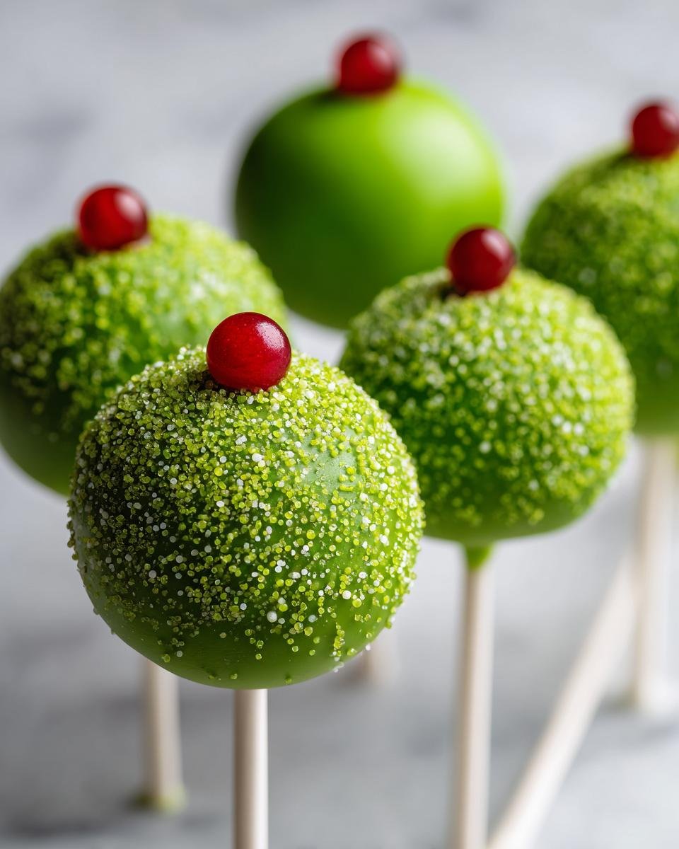Nahaufnahme von mehreren leuchtend gr&uuml;nen Grinch Cake Pops, bedeckt mit gr&uuml;nem Zucker und einer roten Beere als Hut.