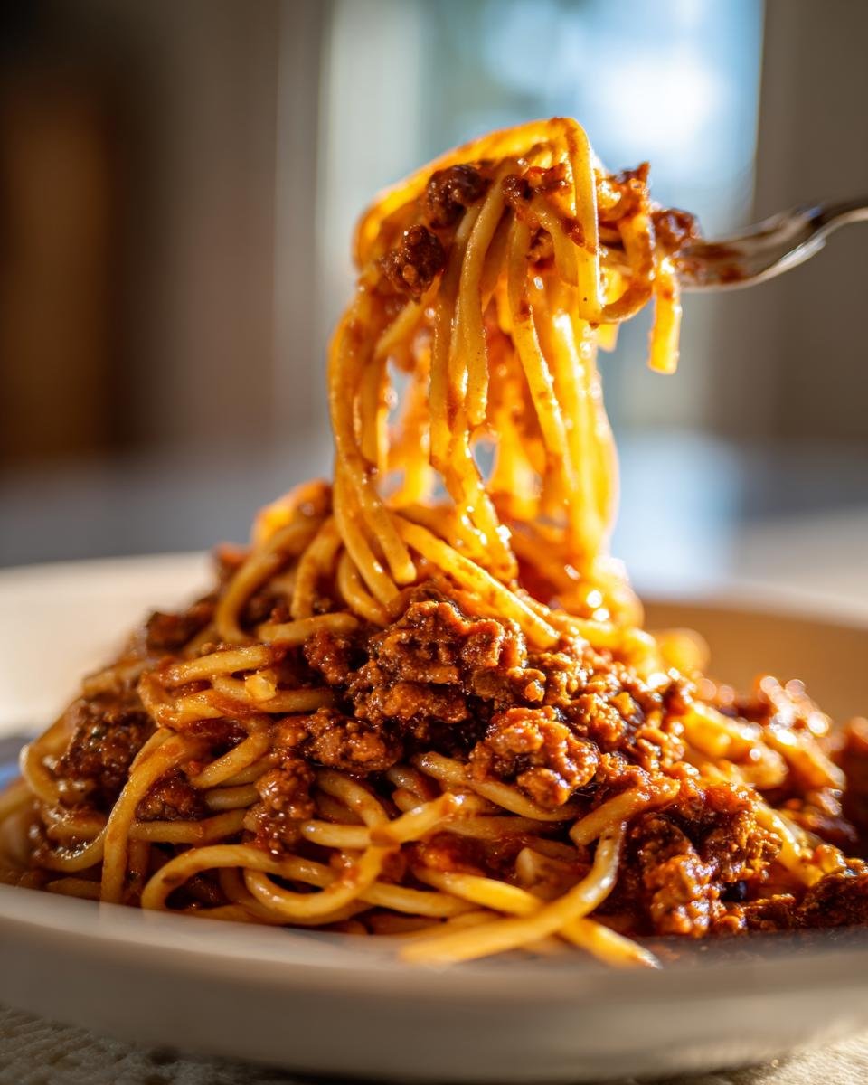 Eine Gabel zieht eine Portion leuchtend roter Ground Turkey Pasta mit Hackfleischsauce aus einem Teller.