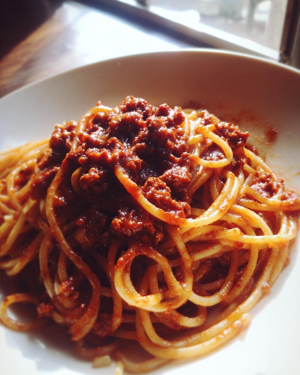 Nahaufnahme von Spaghetti mit reichhaltiger, dunkler Soße aus Hackfleisch (Ground Turkey Pasta) auf einem weißen Teller.