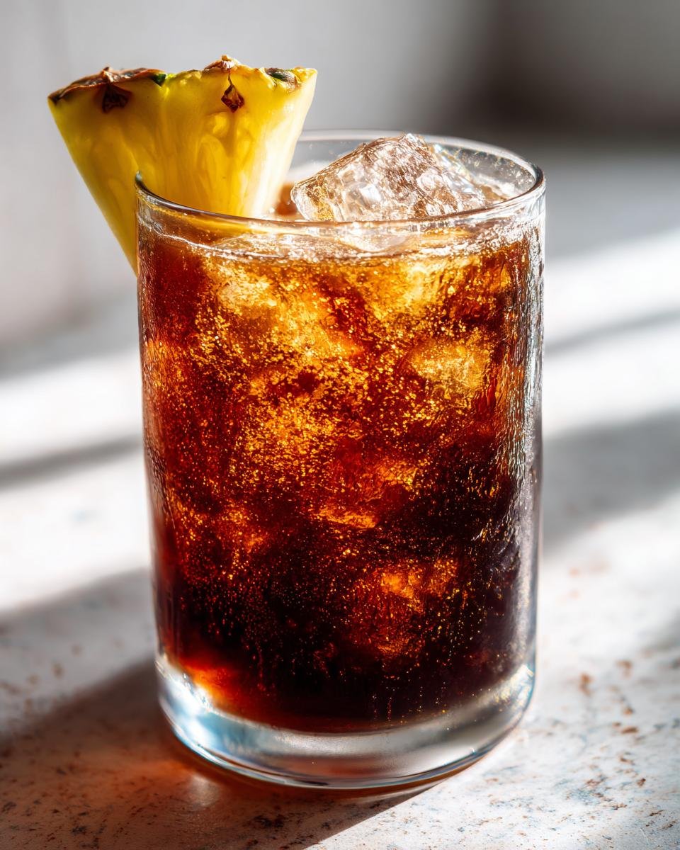 Nahaufnahme eines dunklen, kohlens&auml;urehaltigen Hanky Panky Cocktails mit Eisw&uuml;rfeln und einer Ananasscheibe als Garnitur.