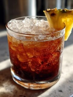 Nahaufnahme eines dunklen, eiskalten Hanky Panky Cocktails, garniert mit einem Stück frischer Ananas.