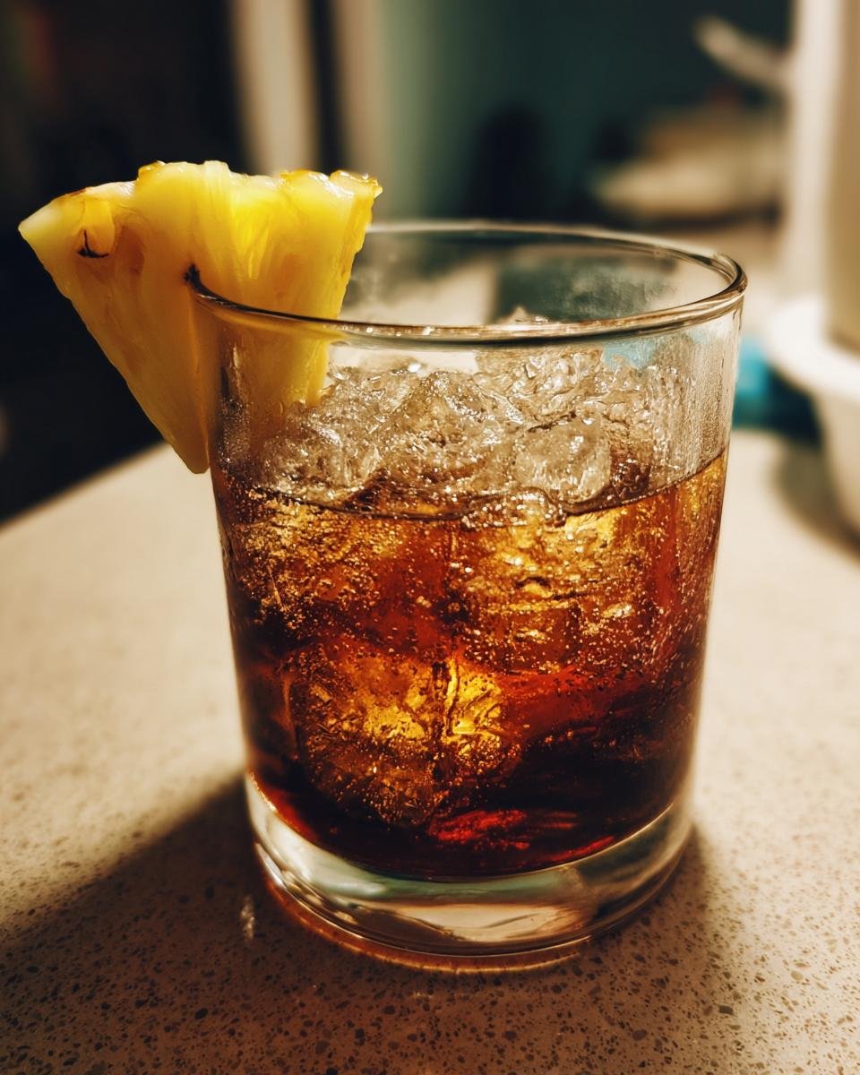 Nahaufnahme eines erfrischenden Hanky Panky Cocktails mit viel Eis und einer Ananasscheibe am Glasrand.