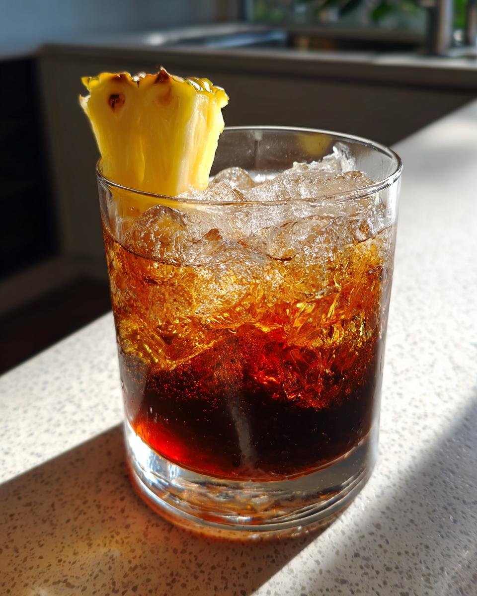 Ein dunkler, eisgek&uuml;hlter Hanky Panky Cocktail, garniert mit einem St&uuml;ck frischer Ananas.