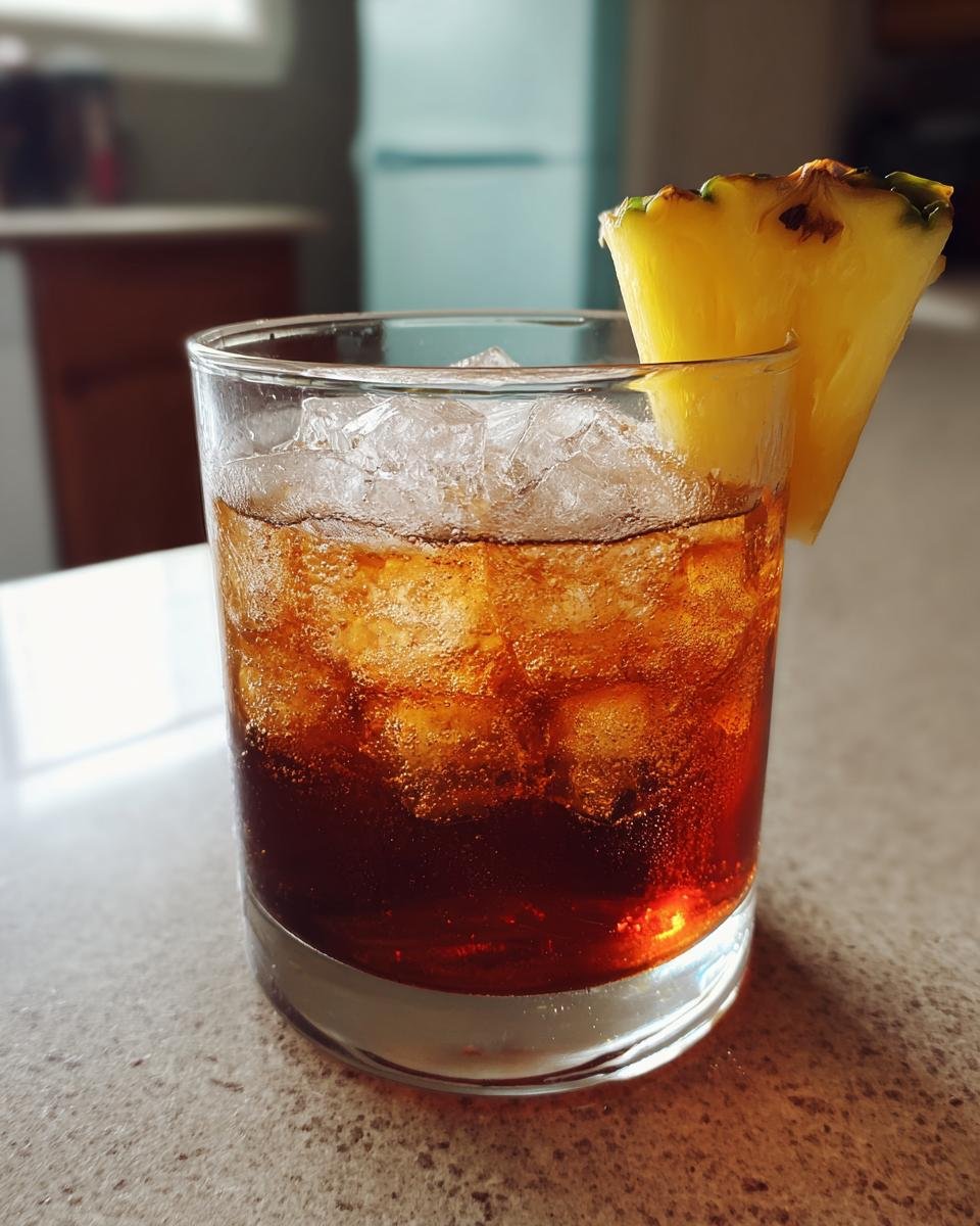 Nahaufnahme eines dunklen Cocktails, wahrscheinlich Hanky Panky, mit viel Eis und einer Ananasscheibe als Garnitur.