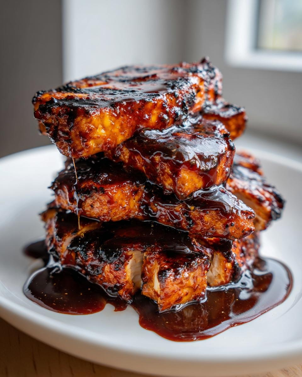 Nahaufnahme eines Stapels saftiger Huli Huli Chicken St&uuml;cke, &uuml;bergossen mit dunkler, gl&auml;nzender Marinade.