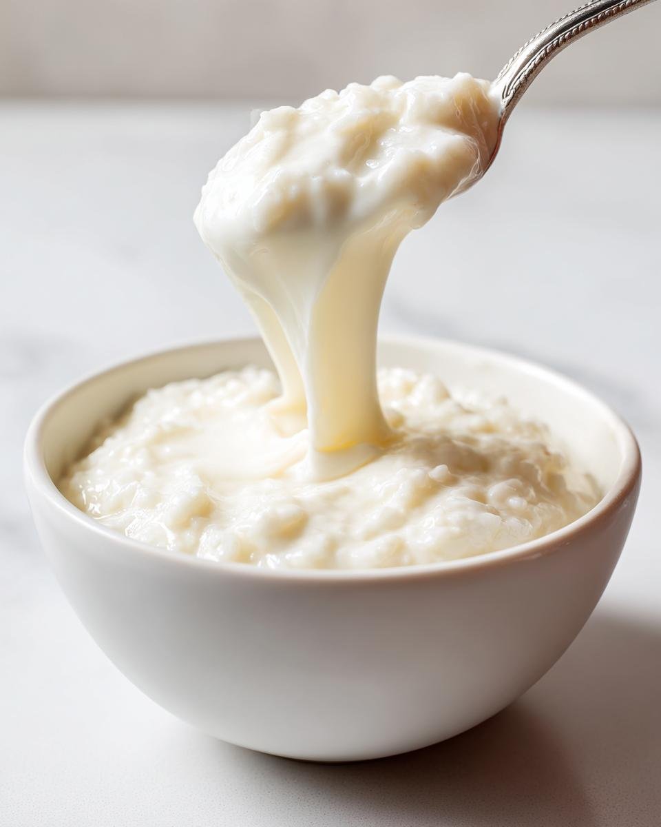 Nahaufnahme von cremigem Healthy Dairy Free Rice Pudding Recipe, das von einem L&ouml;ffel tropft.