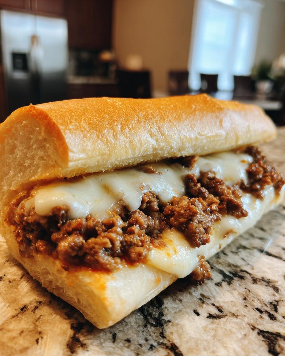 Nahaufnahme eines überbackenen Brötchens gefüllt mit würzigem Hackfleisch und geschmolzenem Käse – Irresistible Cheesy Hot Beef Sandwiches.