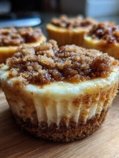 Nahaufnahme eines der Fall Inspired Easy Apple Crisp Mini Cheesecakes mit brauner Streuselkruste.