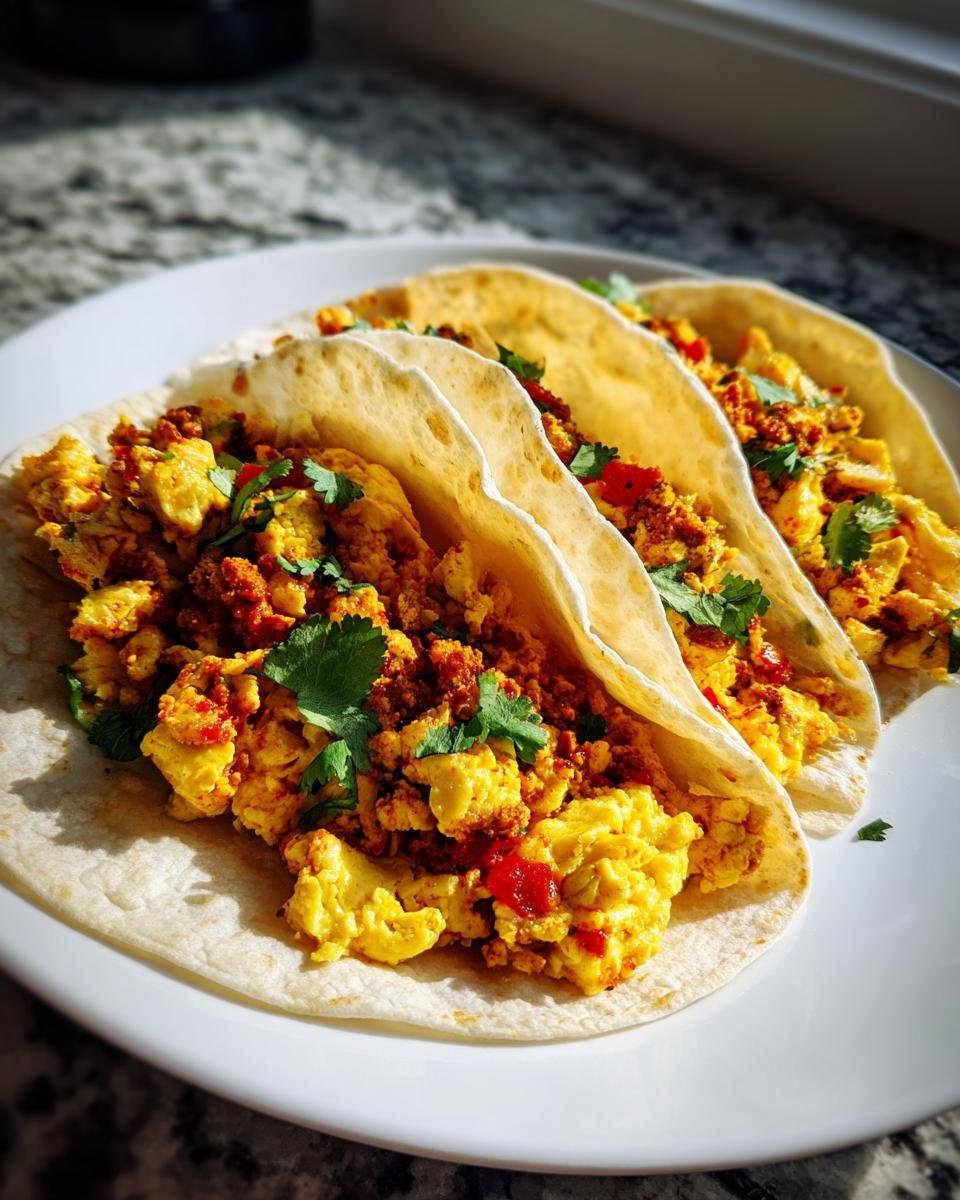 Drei gef&uuml;llte Tortillas mit R&uuml;hrei und Chorizo-F&uuml;llung f&uuml;r herzhafte Mexican Style Breakfast Tacos.