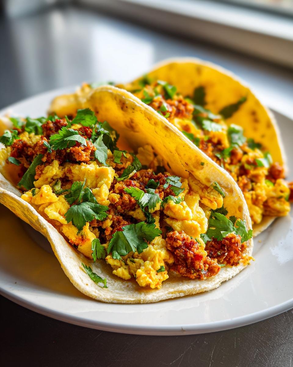 Nahaufnahme von zwei herzhaften Mexican Style Breakfast Tacos gef&uuml;llt mit R&uuml;hrei und Chorizo, garniert mit Koriander.