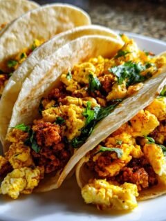 Nahaufnahme von drei gef&uuml;llten Tortillas mit R&uuml;hrei und Chorizo, typisch f&uuml;r herzhafte Mexican Style Breakfast Tacos.