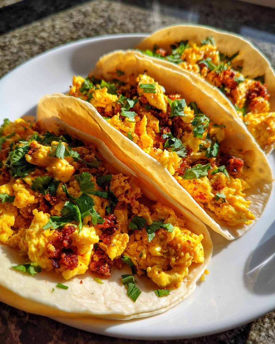 Drei herzhafte Mexican Style Breakfast Tacos gef&uuml;llt mit R&uuml;hrei und Chorizo, bestreut mit Koriander.