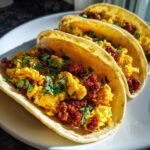 Drei herzhafte mexikanische Fr&uuml;hst&uuml;cks-Tacos gef&uuml;llt mit R&uuml;hrei und Chorizo, garniert mit Koriander.