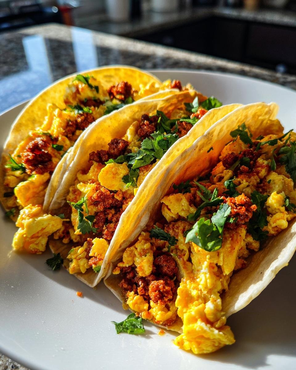 Drei gef&uuml;llte Tortillas mit R&uuml;hrei, Chorizo und Koriander f&uuml;r herzhafte mexikanische Fr&uuml;hst&uuml;cks-Tacos.