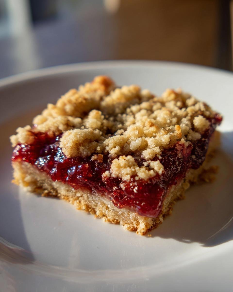 Nahaufnahme eines einzelnen St&uuml;cks Himbeer-Jam Bars mit saftiger F&uuml;llung und knusprigen Streuseln auf einem wei&szlig;en Teller.