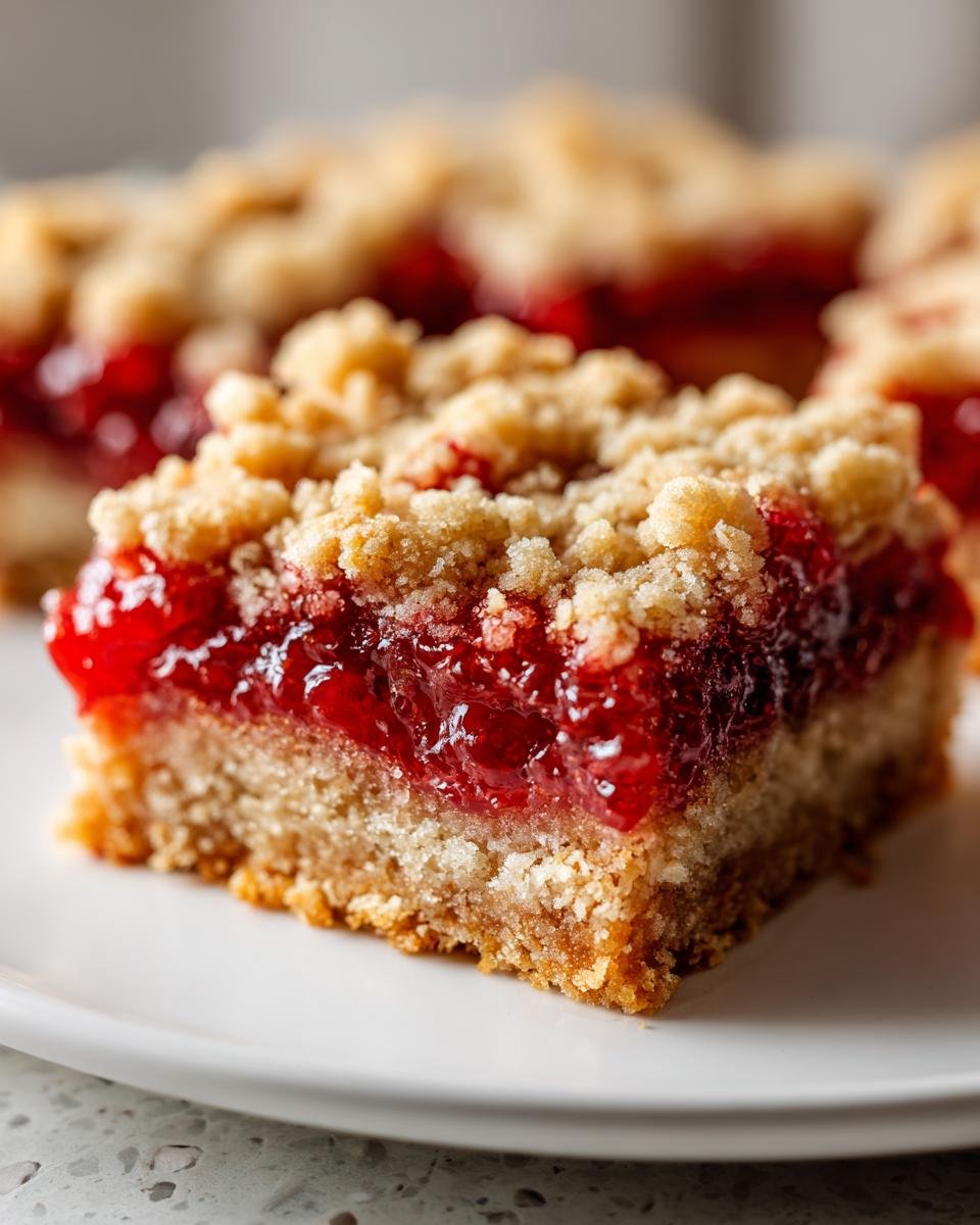 Nahaufnahme eines saftigen St&uuml;cks Himbeer-Jam Bars mit knuspriger Streusel-Decke auf einem wei&szlig;en Teller.