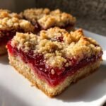 Nahaufnahme von saftigen Himbeer-Jam Bars mit knusprigen Streuseln auf einem wei&szlig;en Teller.