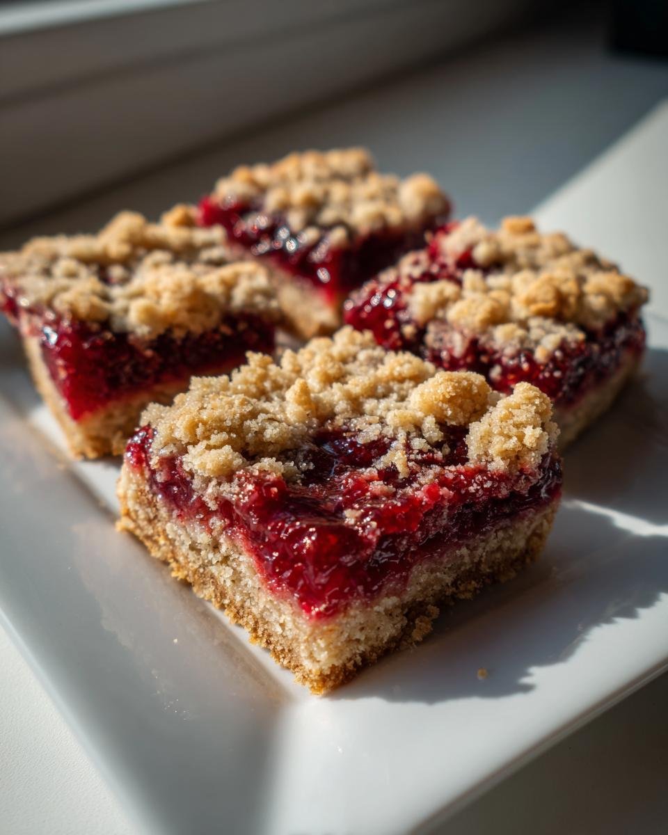 Vier m&uuml;rbe Himbeer-Jam Bars mit dicker F&uuml;llung und Streuseln auf einem wei&szlig;en Teller.
