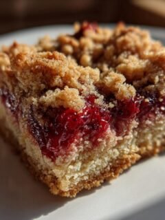 Nahaufnahme eines saftigen Stücks Himbeer-Jam Bars mit mürbem Boden und knuspriger Streuseldecke.