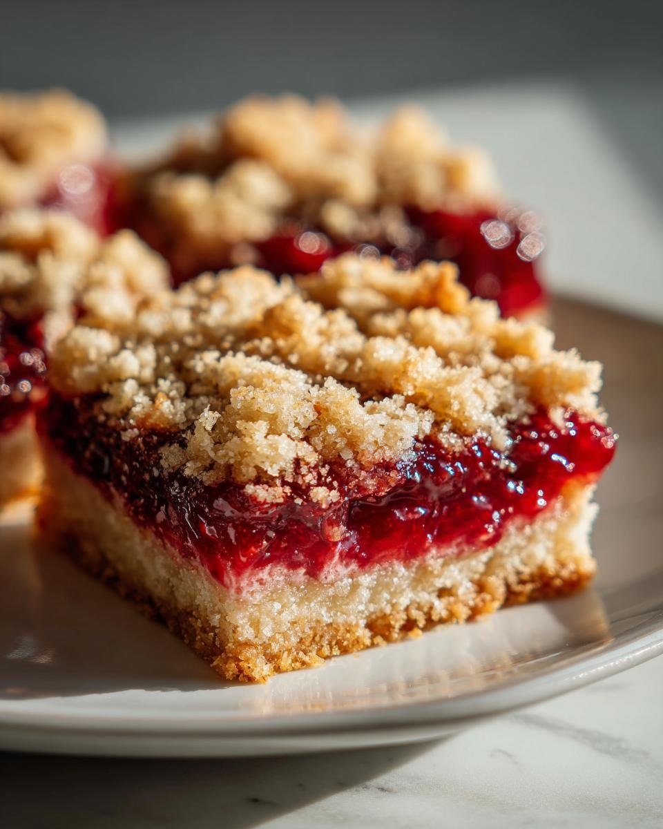 Nahaufnahme eines St&uuml;cks Himbeer-Jam Bars mit m&uuml;rbem Boden, leuchtend roter Marmelade und Streuseln.
