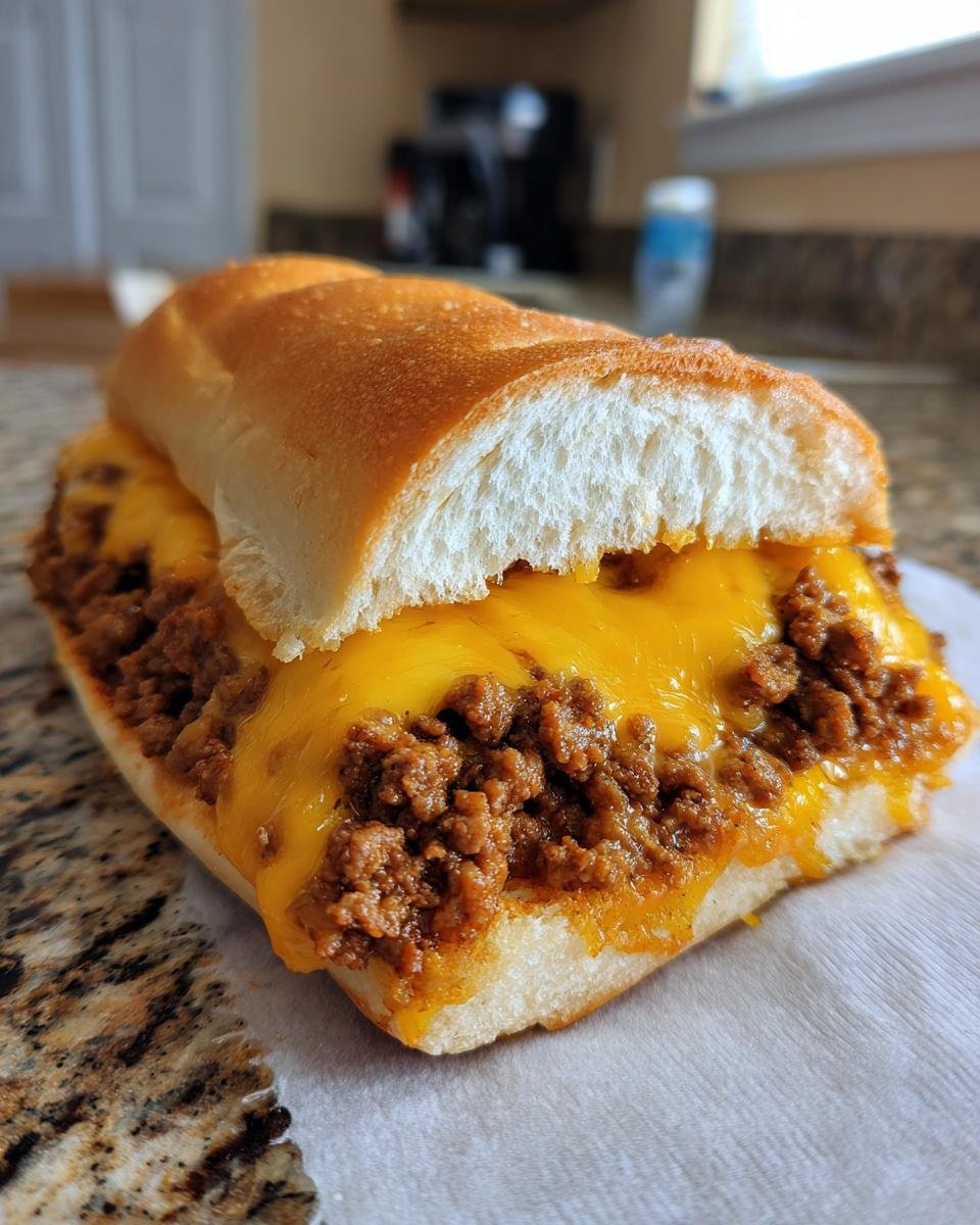 Nahaufnahme eines überbackenen Hot Beef Sandwiches mit geschmolzenem Käse auf einem Brötchen.