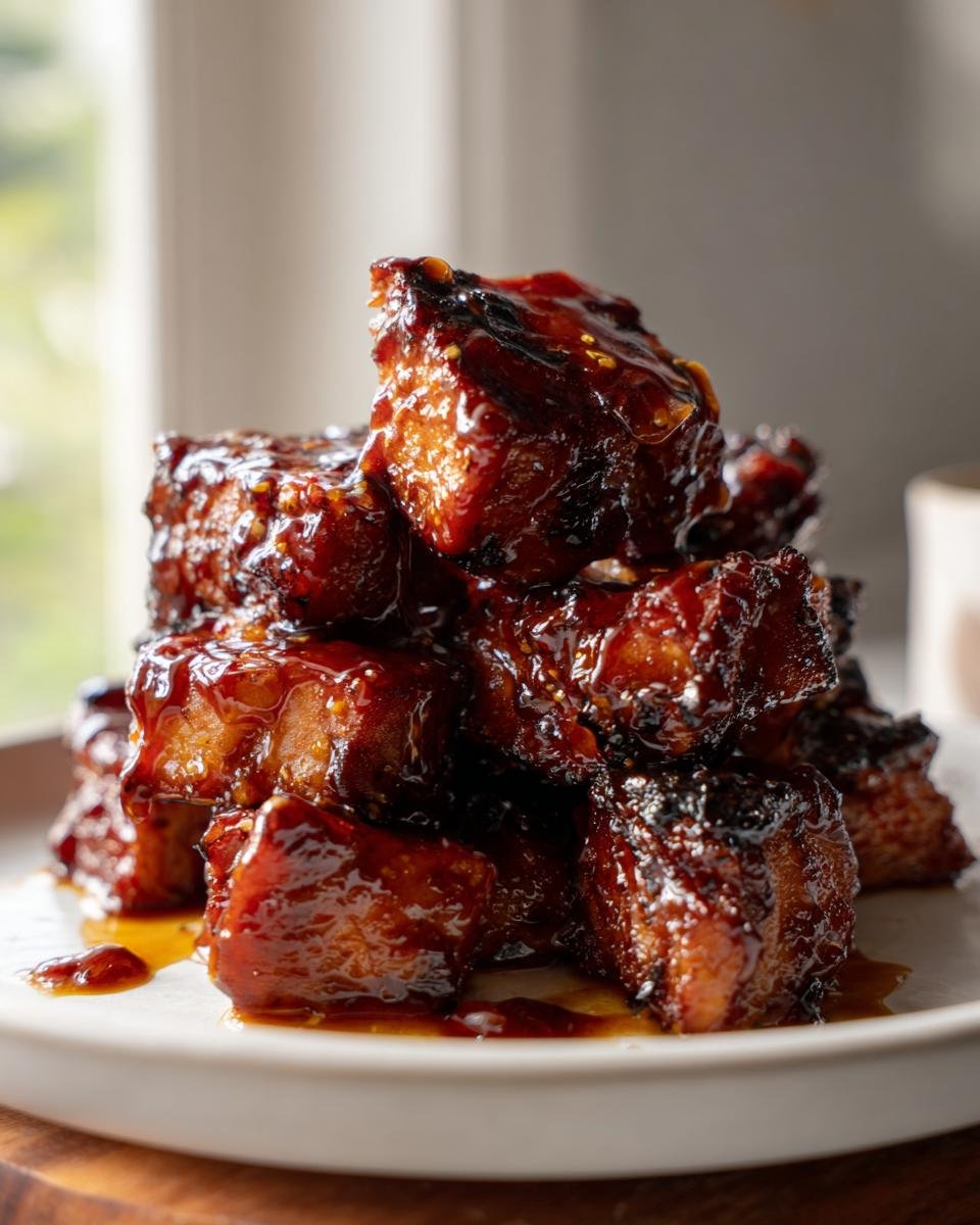 Nahaufnahme von gestapelten, glasierten Fleischst&uuml;cken, die das Best Hawaiian Huli Huli Chicken Stack Recipe darstellen.