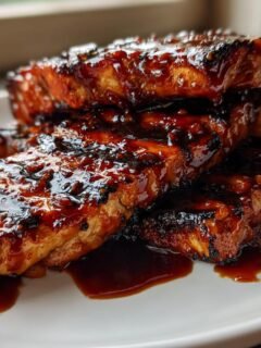 Nahaufnahme von gestapelten, glasierten Huli Huli H&auml;hnchen St&uuml;cken auf einem wei&szlig;en Teller.