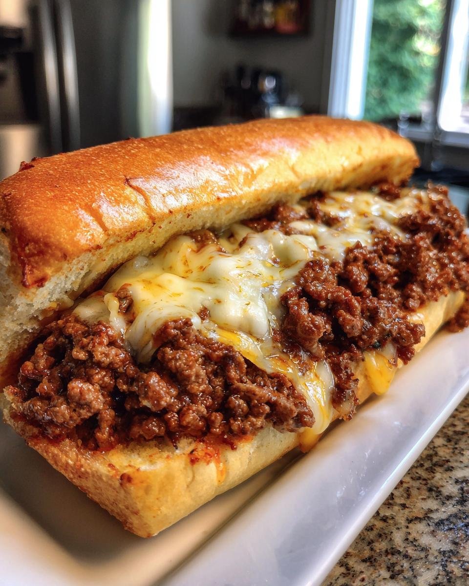 Nahaufnahme eines überbackenen Käse-Rindfleisch-Sandwichs mit geschmolzenem Käse und Hackfleisch in einem Brötchen.