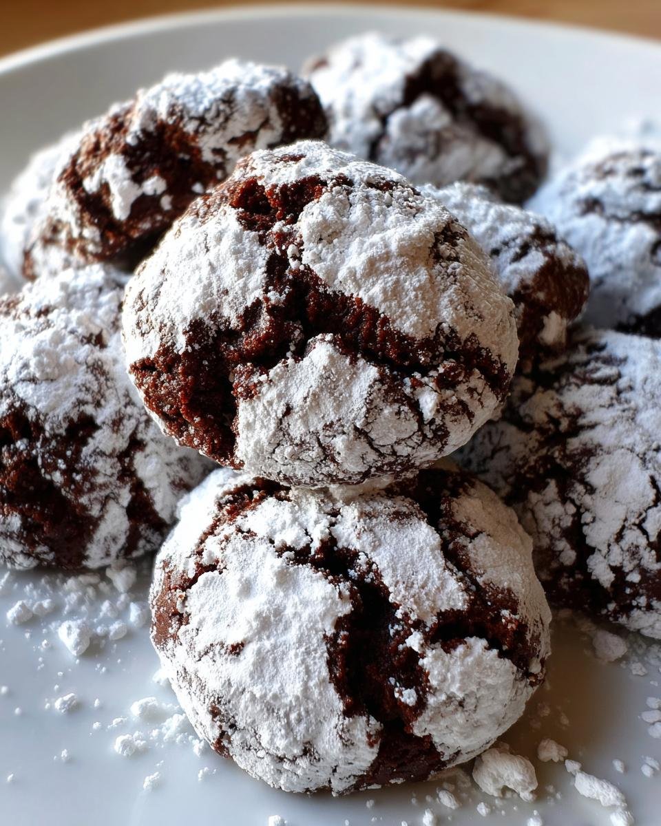 Nahaufnahme von saftigen, rissigen Schokoladen-Schneebällchen Keksen, dick mit Puderzucker bestäubt.