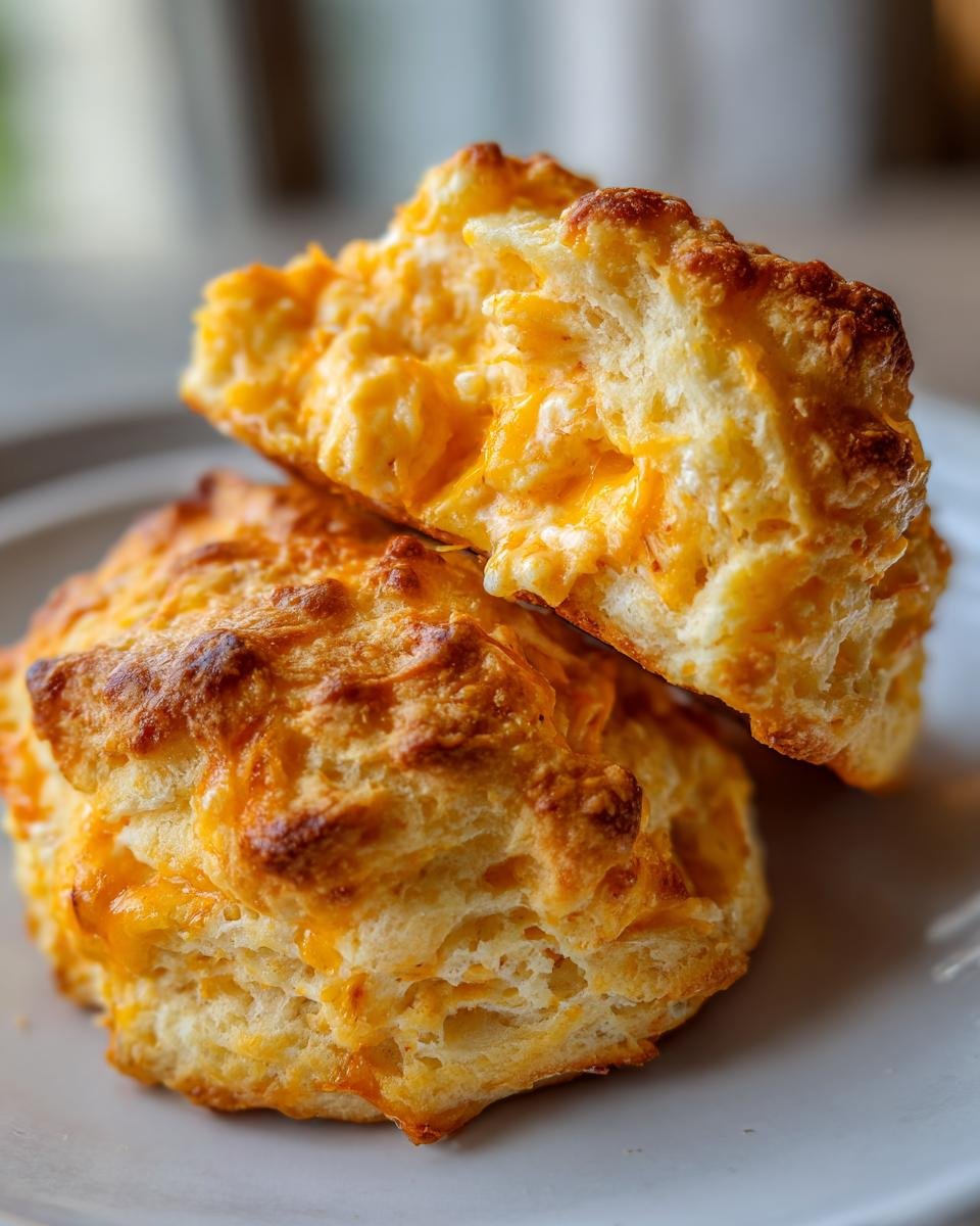 Nahaufnahme von zwei aufgeschnittenen, fluffigen Cheddar-Keksen, die innen mit geschmolzenem K&auml;se gef&uuml;llt sind, als Teil der Irresistible Crab Stuffed Cheddar Biscuits.