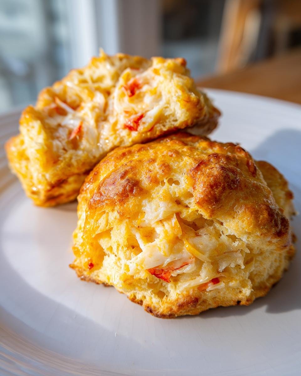 Zwei goldbraune, aufgeschnittene Irresistible Crab Stuffed Cheddar Biscuits mit sichtbarer Krabbenf&uuml;llung auf einem wei&szlig;en Teller.