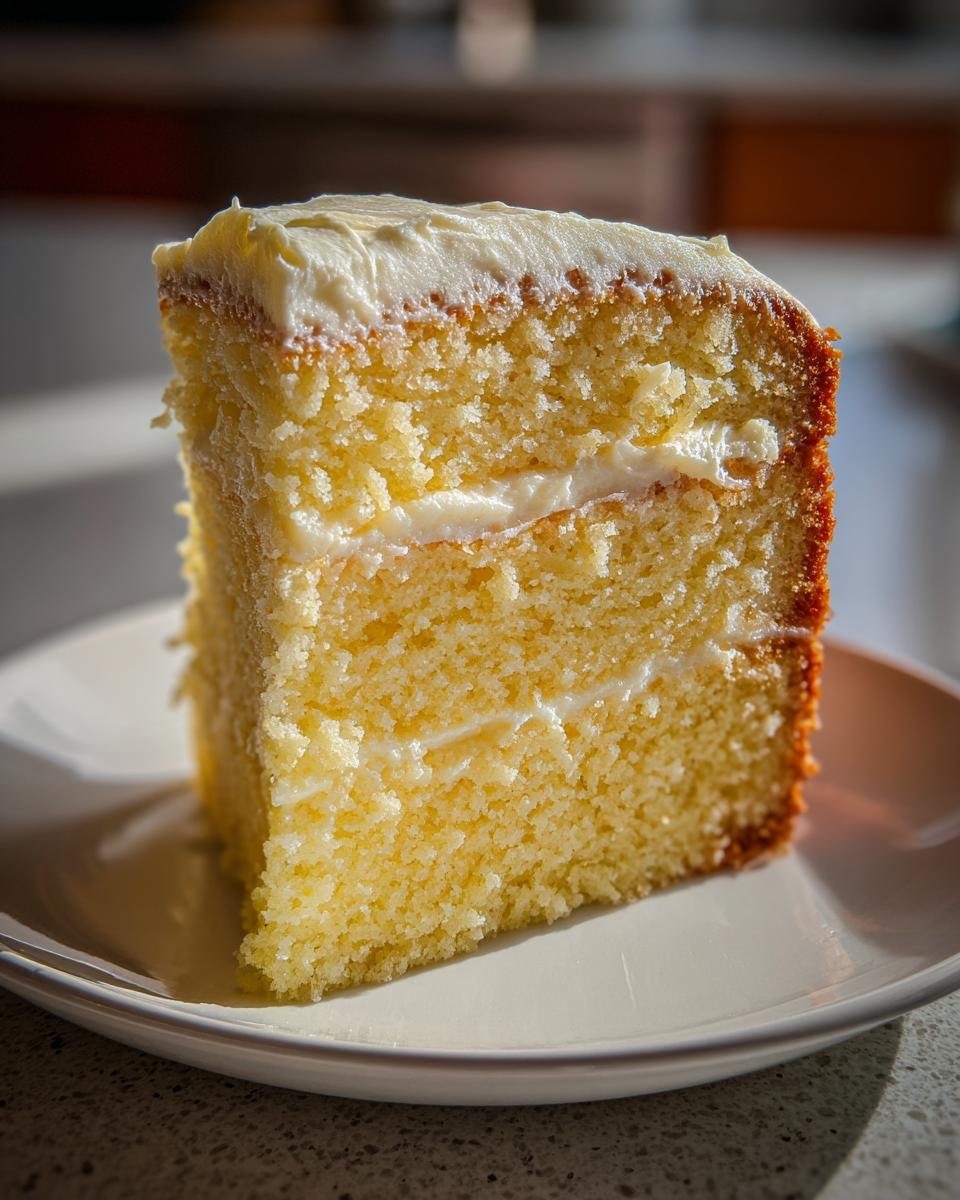 Ein saftiges St&uuml;ck Italian Cream Sheet Cake mit dicker wei&szlig;er Creme zwischen den Schichten und obenauf.