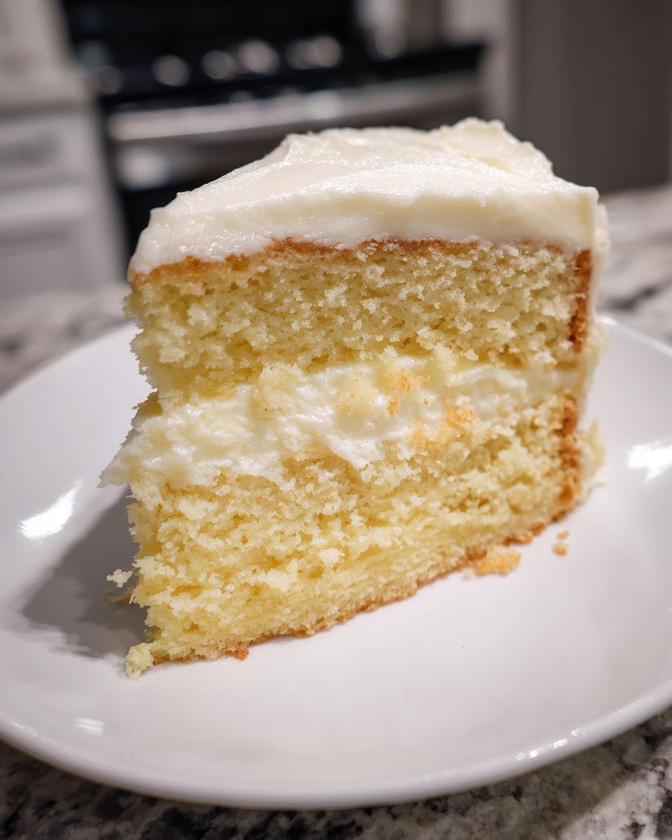 Nahaufnahme eines saftigen St&uuml;cks Italian Cream Sheet Cake mit dicker wei&szlig;er Creme-F&uuml;llung und Zuckerguss.