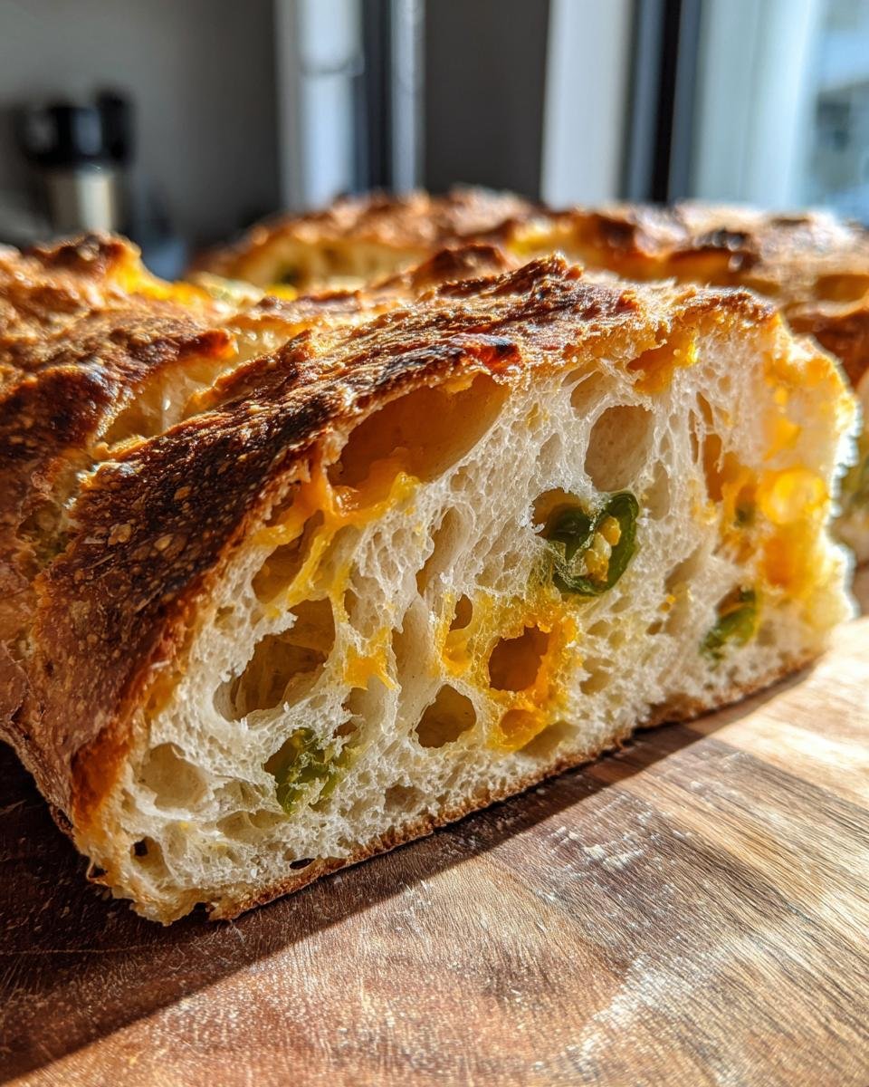 Nahaufnahme des Anschnitts von Irresistible Jalapeno Cheddar Sauerteigbrot mit offener Krume und geschmolzenem Käse.