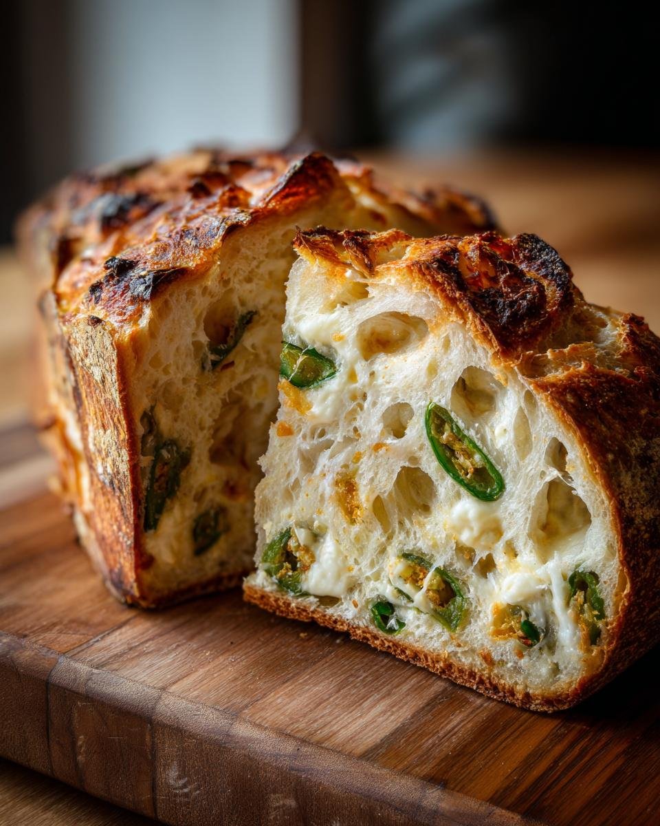 Aufgeschnittenes Irresistible Jalapeno Cheddar Sauerteigbrot mit geschmolzenem Käse und grünen Jalapeño-Scheiben.