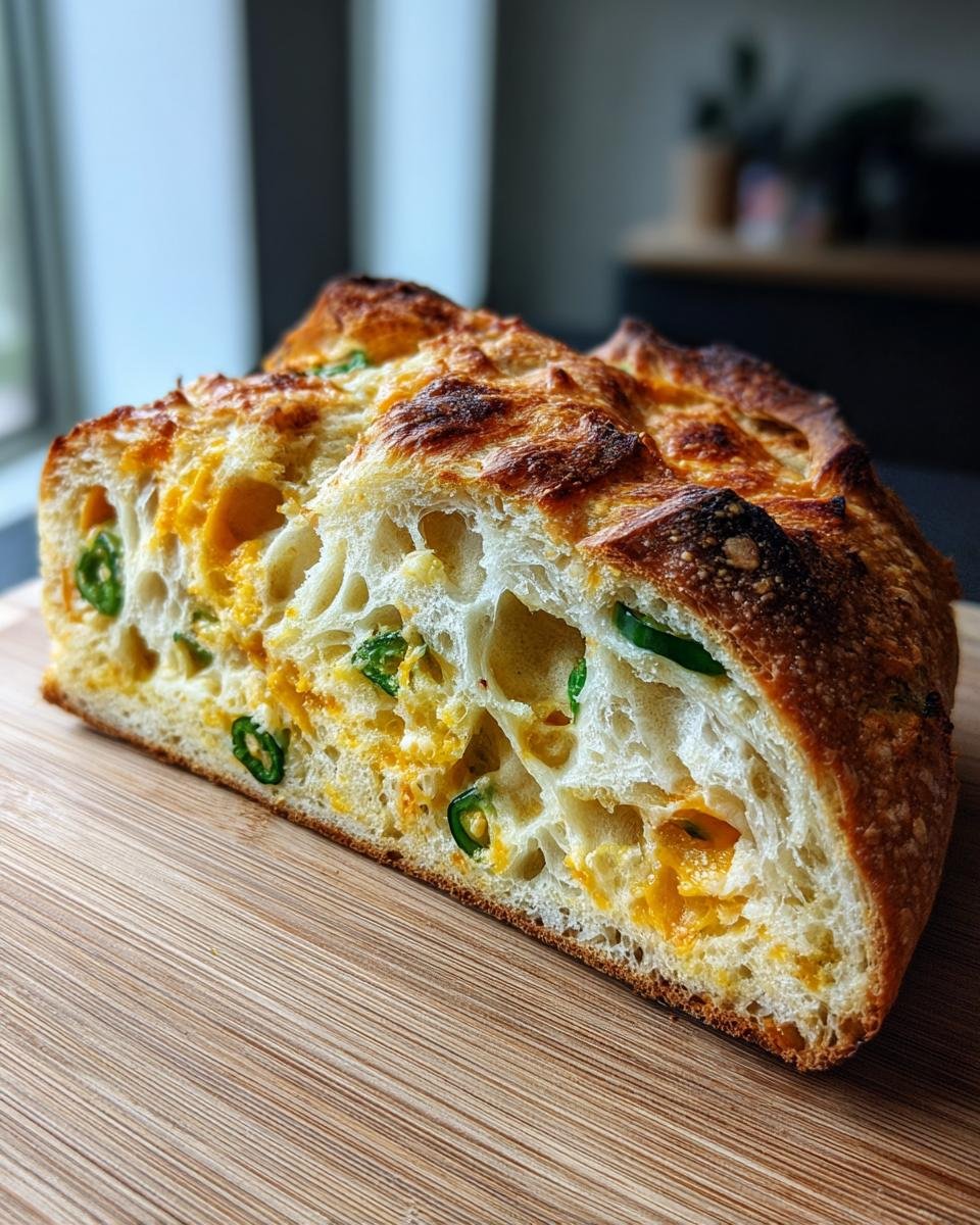 Schnittansicht eines frisch gebackenen Irresistible Jalapeno Cheddar Sauerteigbrot mit sichtbaren Käse- und Jalapeno-Stücken.