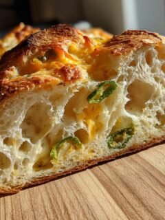 Aufgeschnittenes Irresistible Jalapeno Cheddar Sourdough Bread mit gro&szlig;er Porung, K&auml;se und Jalapeno-Scheiben.