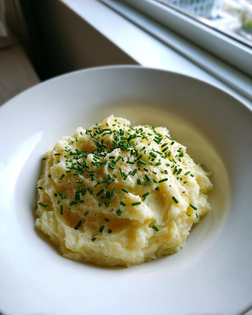 Eine Schüssel cremiger Kartoffelbrei, garniert mit frischem Schnittlauch und Pfeffer, ideal für eine schnelle Potato Soup.
