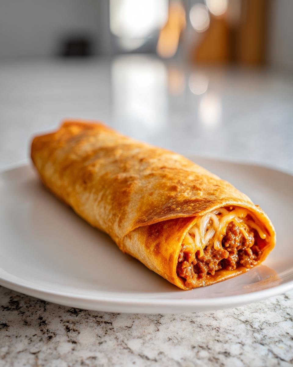 Eine knusprig gebratene Beef And Cheese Chimichanga mit geschmolzenem K&auml;se auf einem wei&szlig;en Teller.