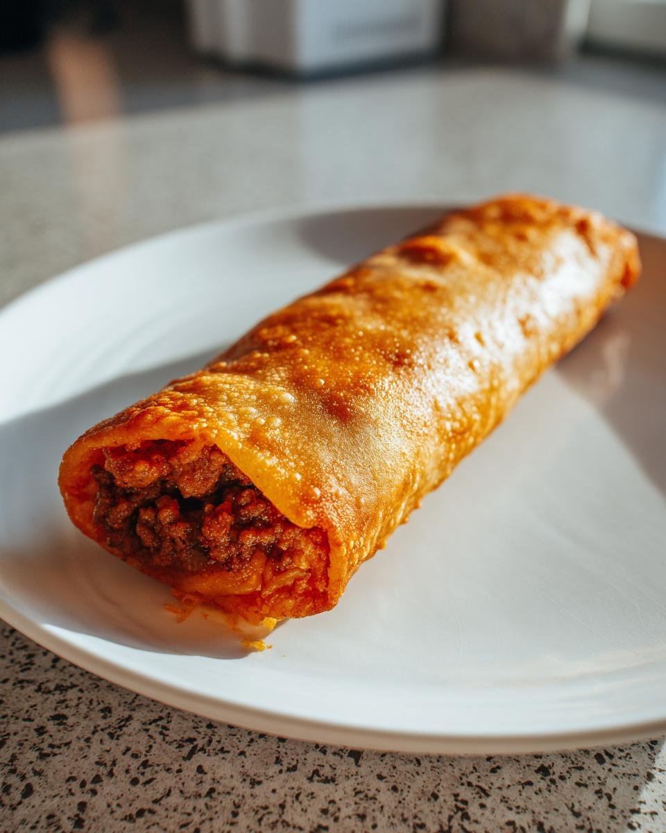Nahaufnahme einer goldbraun frittierten, knusprigen Beef And Cheese Chimichangas auf einem wei&szlig;en Teller.