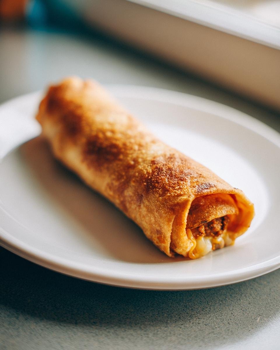 Eine knusprig gebratene Beef And Cheese Chimichangas Rolle auf einem wei&szlig;en Teller.