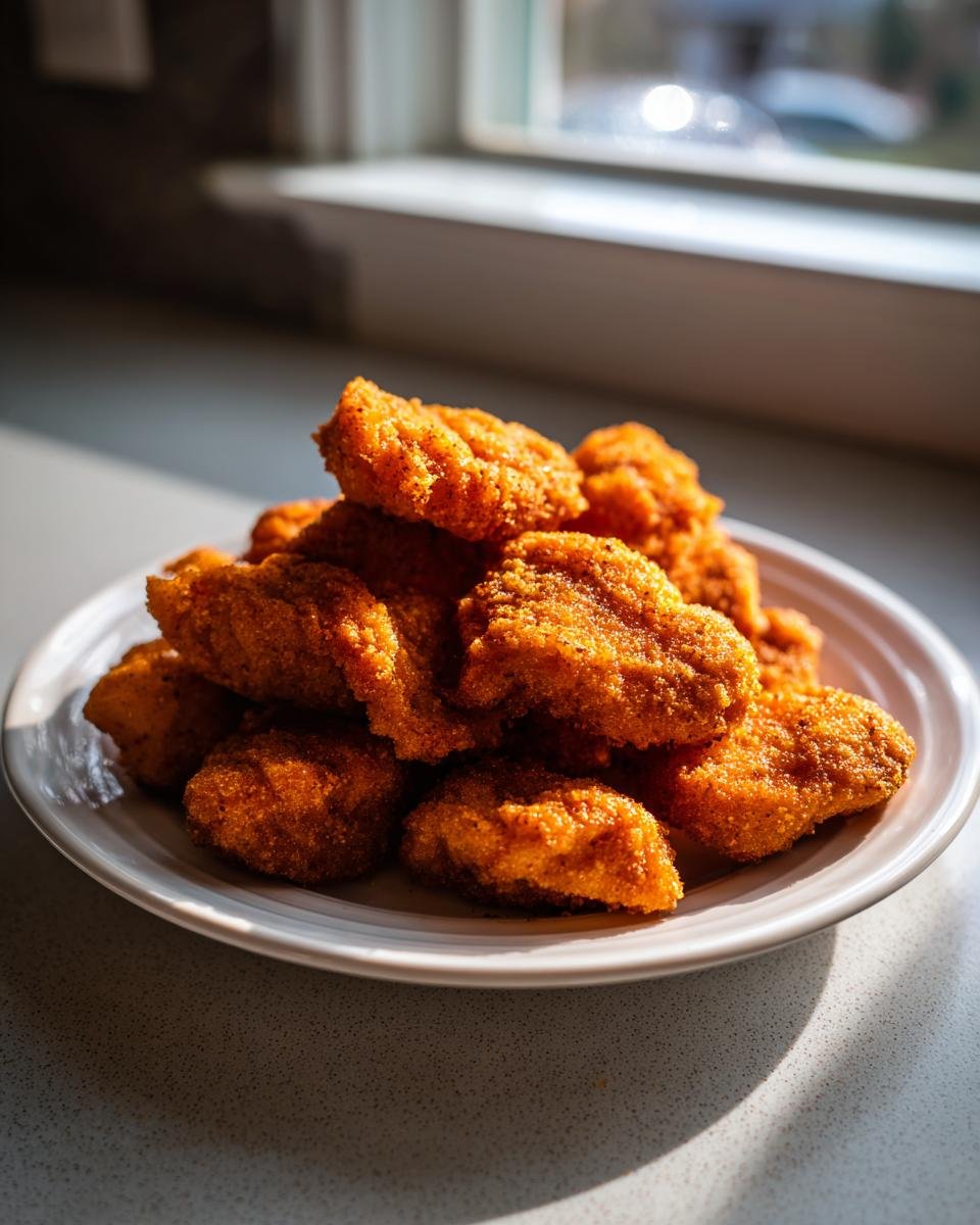 Ein Teller voller goldbrauner, knuspriger Copycat Chick Fil A Nuggets, beleuchtet durch Sonnenlicht am Fenster.