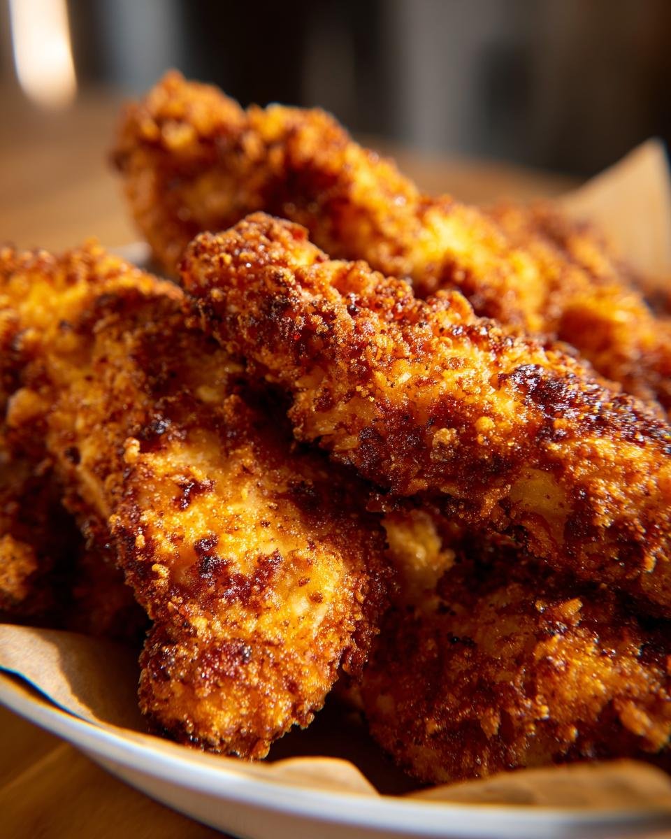 Nahaufnahme von goldbraunen, extrem knusprigen Crispy Tenders, die auf einem Teller gestapelt sind.