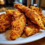 Nahaufnahme von mehreren goldbraun gebackenen Crispy Tenders auf einem wei&szlig;en Teller, perfekt paniert.