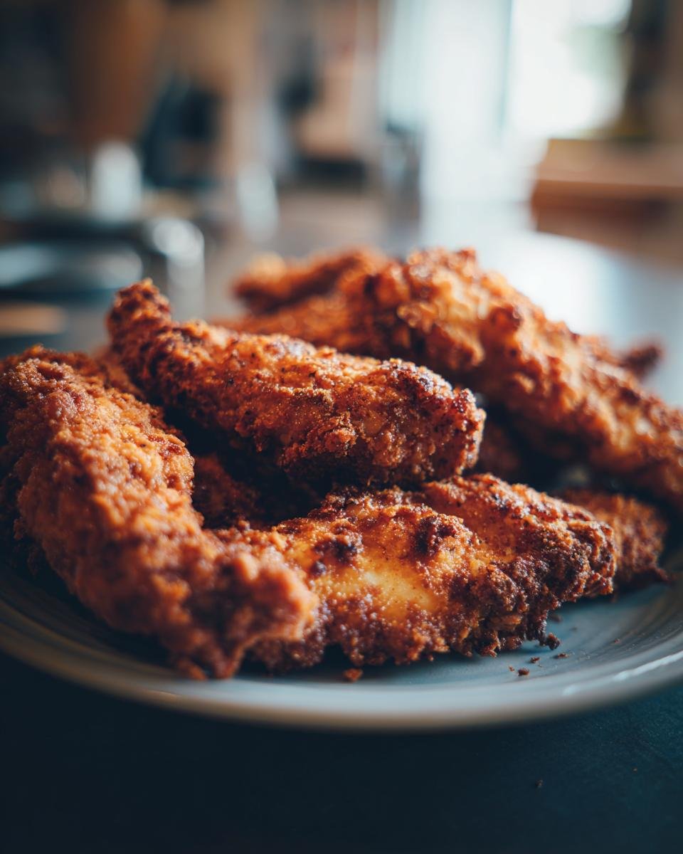 Nahaufnahme von mehreren goldbraunen, knusprigen Crispy Tenders auf einem Teller.