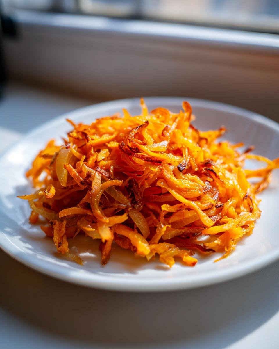 Nahaufnahme von knusprigen, goldbraun gebratenen S&uuml;&szlig;kartoffel Hash Browns auf einem wei&szlig;en Teller.